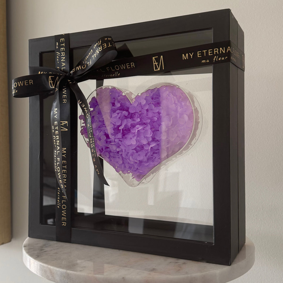 Floating Heart Lilac Hydrangea Acrylic Box