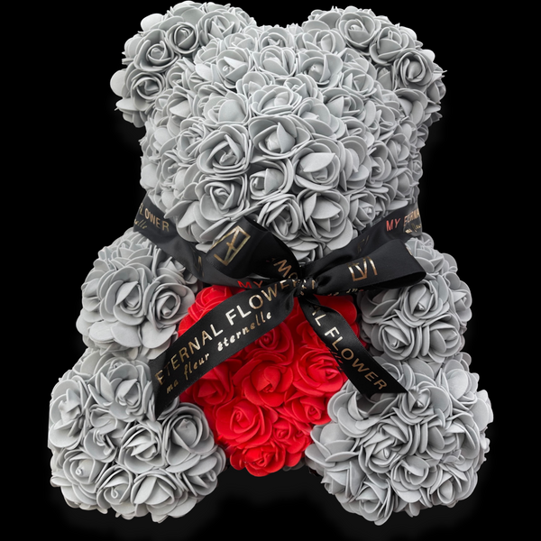 Luxe Rose Heart Bear 40cm in Grey & Red (Free Clear Gift Box)